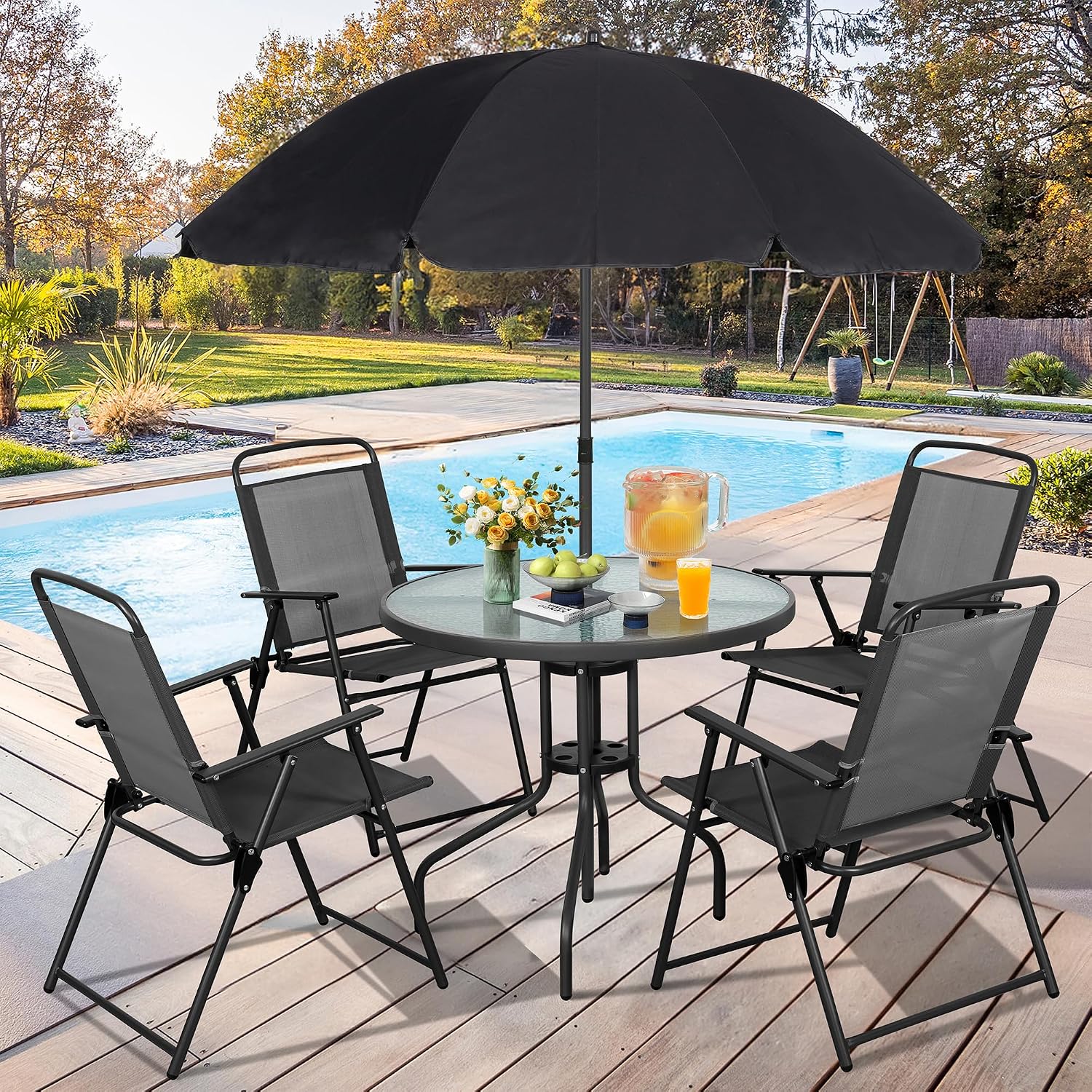 금속 파티오 식탁 세트, 접이식 의자 및 강화 유리 테 - Outdoor Furniture Ideas 리뷰 및 가격