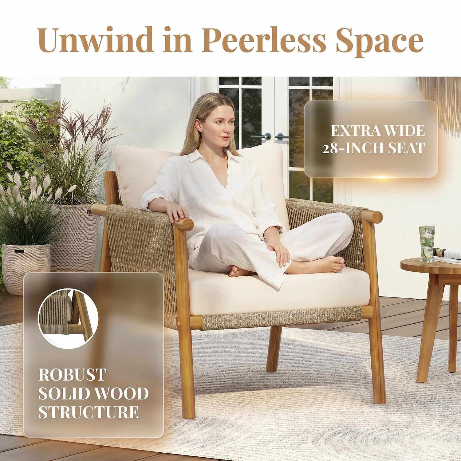 야외용 원목 팔걸이 의자, 로프 직조 등받이, 내후성  - Deck Chair Lounger 리뷰 및 가격